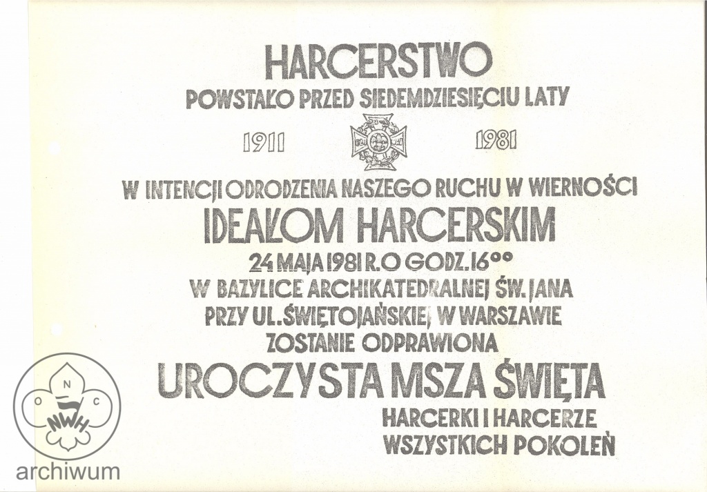 Plik:1981-05-24 Warszawa Plakat o Mszy w 70 rocznice powstania harcerstwa.jpg