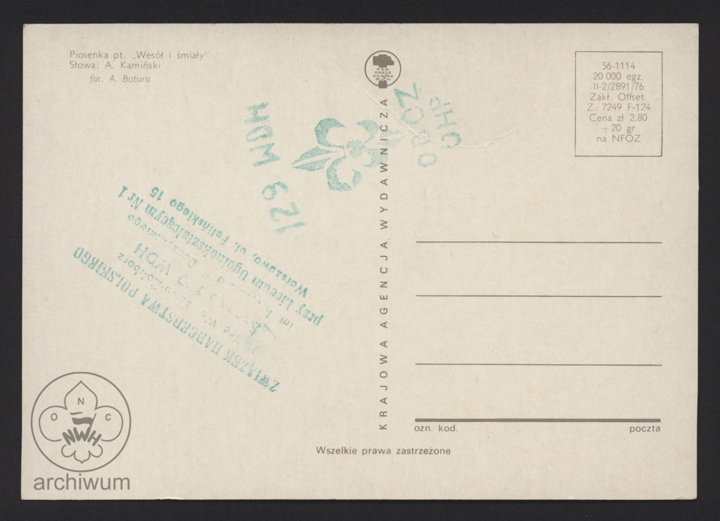 Plik:Kartka pocztowa z obozu harcerskiego i tekstem A. Kamińskiego pieczątką 192 WDH (2).jpg