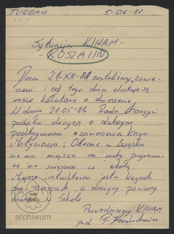 Plik:1982-06-05 Koszalin pisana na Turbaczu notatka o zawieszeniu 21-12-81 kregu KIHAM w Koszalinie.jpg