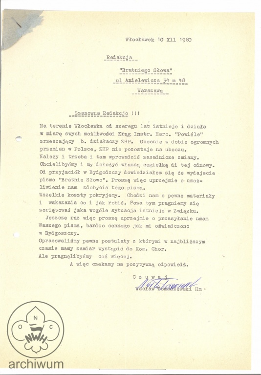 Plik:1980-12-10 Wloclawek list W Tomaszewskiego z Kregu Powisle ws nadsylania numerow Bratniego Slowa.jpg
