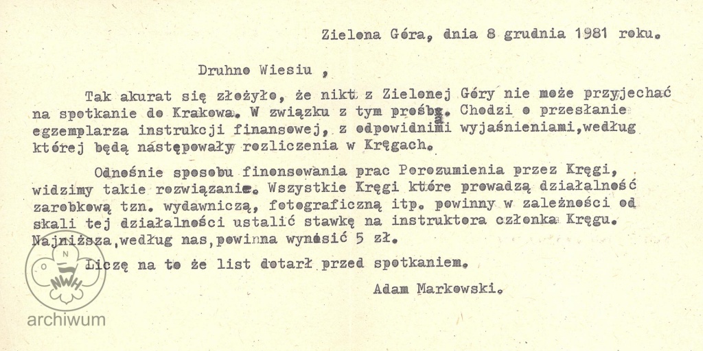 Plik:1981-12-08 Zielona Góra, list A.Markowskego do W.Stojek ws składek KIHAM.jpg