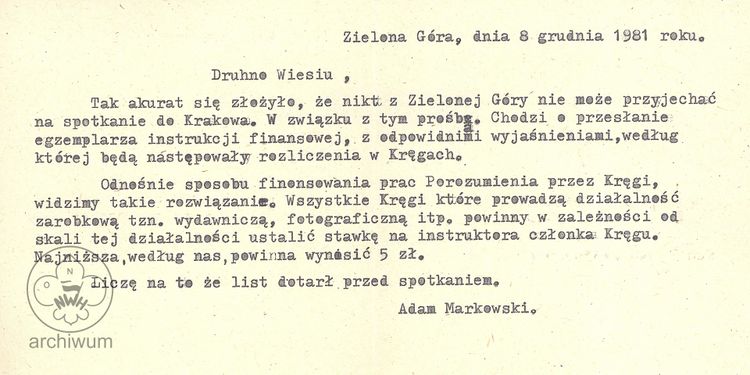 1981-12-08 Zielona Góra, list A.Markowskego do W.Stojek ws składek KIHAM.jpg