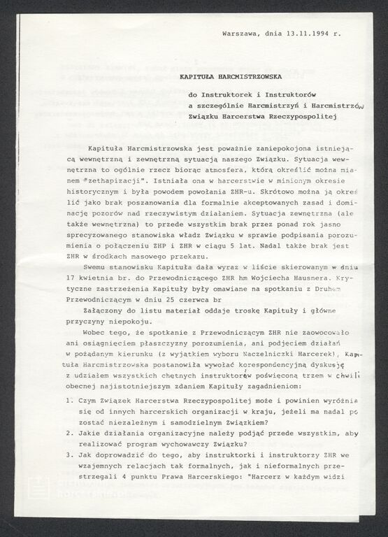 Plik:1993-11-13 W-wa ZHR Kapituła Harcmistrzowska List otwarty do instruktorów 001.jpg