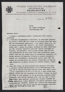 1992-06-24 Kraków, Pismo Naczelnictwa ZHP 1918 do ZHR z wyjaśnieniami.jpg