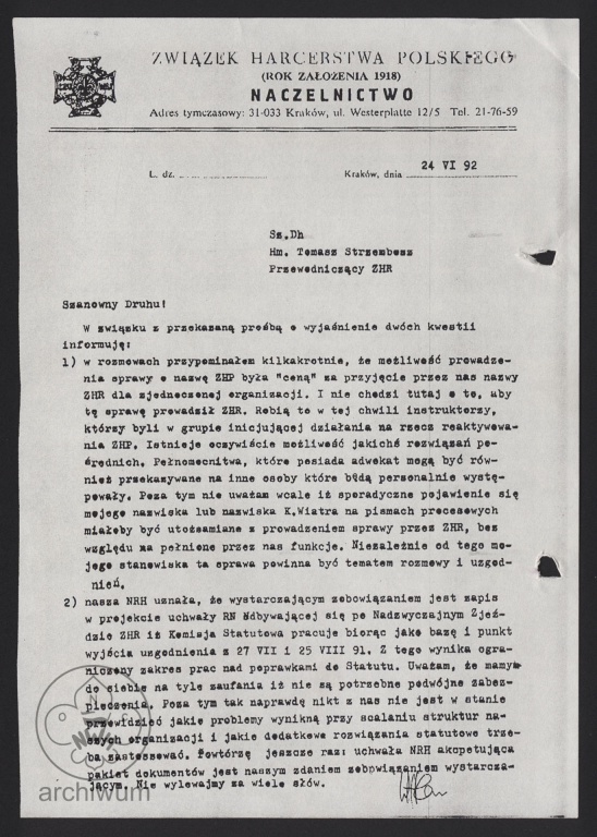 Plik:1992-06-24 Kraków, Pismo Naczelnictwa ZHP 1918 do ZHR z wyjaśnieniami.jpg