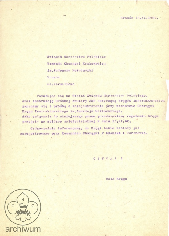 Plik:1980-11-13 Krakow pismo do K.Ch. rejestracja Kregu KIHAM - kopia.jpg
