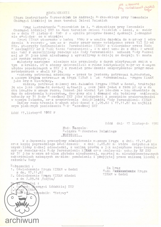 Plik:1982-11-17 Lodz oswiadczenie Lodzkiego KIHAm ws decyzji RN ZHP wobec Rady Porozumienia KIHAM.jpg