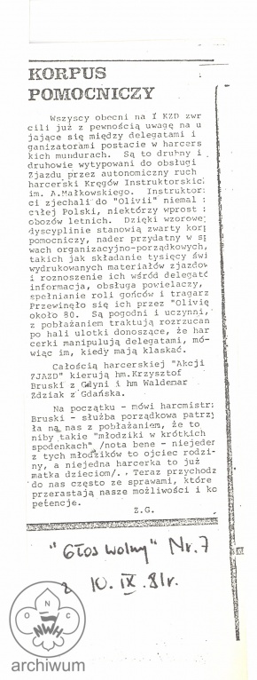 Plik:1981-09-10 Gdansk Artykul Korpus pomocniczy z pisma Glos Wolny o udziale harcerzy w obsludze I tury Zjazdu NSZZ Solidarnosc.jpg