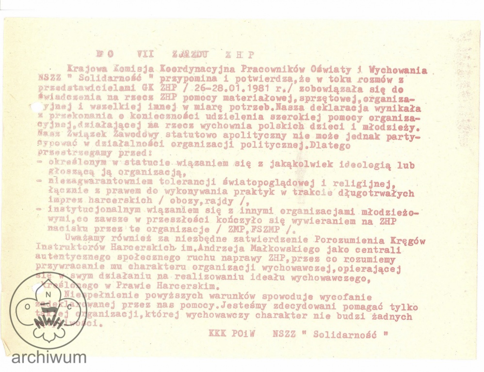 Plik:1981 Warszawa List KKK NSZZ Solidarnosc POiW do VII Zjazdu ZHP.jpg