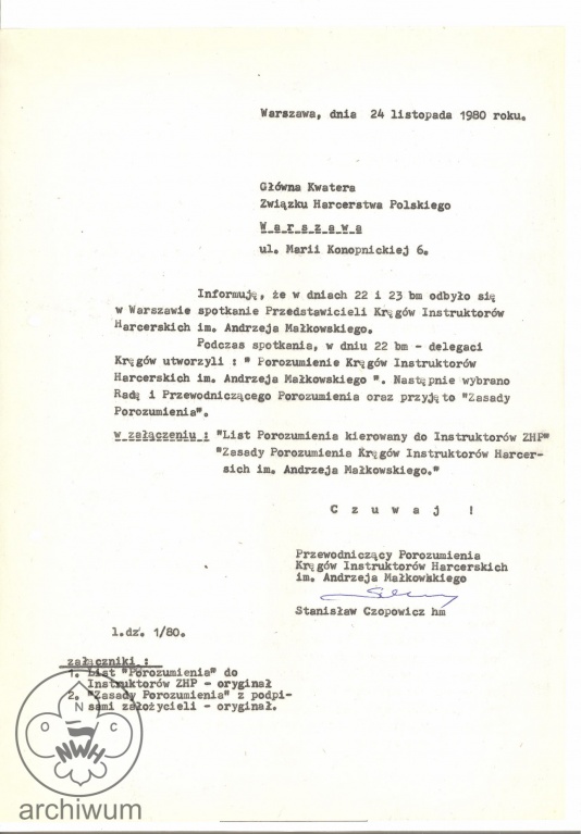 Plik:1980-11-24 Pismo do GK ZHP z informacja o zbiorce przedstawicieli kregow i powolaniu Porozumienia KIHAM.jpg
