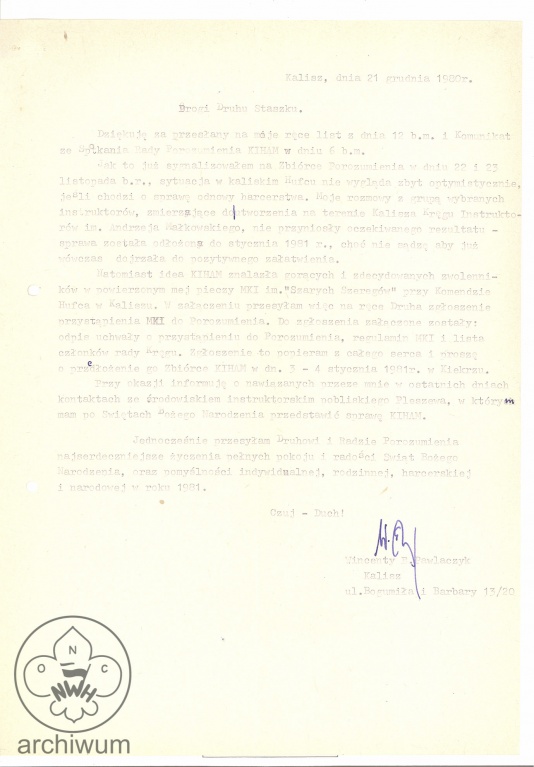 Plik:1980-12-21 Kalisz List W. Pawlaczyka do St. Czopowicza ws przystapienia do Porozumienia KIHAM str.1.jpg