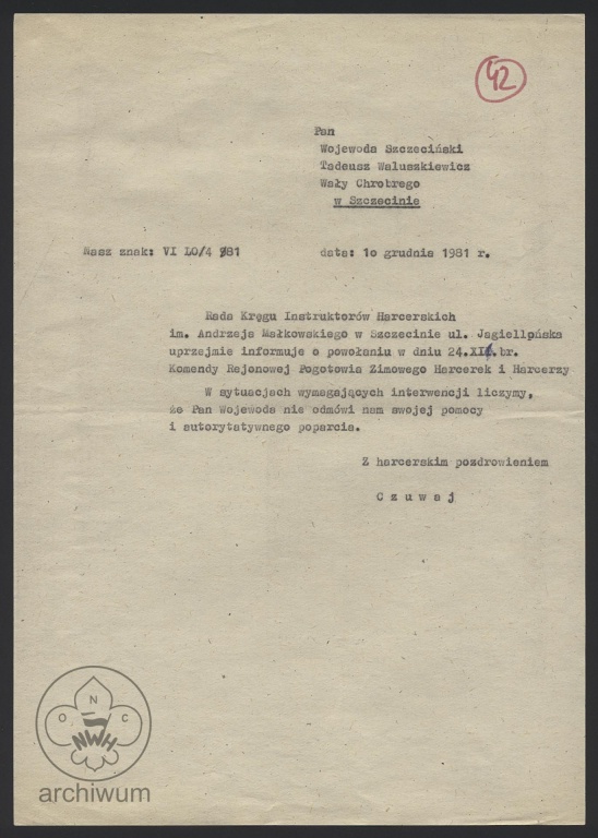 Plik:1981-12-10 Szczecin Pismo do Wojewody Szczecińskiego o powołaniu Komendy PZHiH.jpg