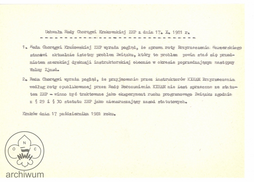 Plik:1981-10-17 Krakow Uchwała ZHP Rady Choragwi ZHP ws Roty Przyrzeczenia.jpg
