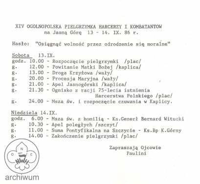 1986-09-13 Jasna Gora program XIV Ogolnopolskiej Pielgrzymki Harcerzy i Kombatantow.jpg