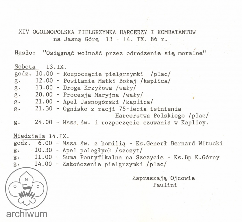 Plik:1986-09-13 Jasna Gora program XIV Ogolnopolskiej Pielgrzymki Harcerzy i Kombatantow.jpg