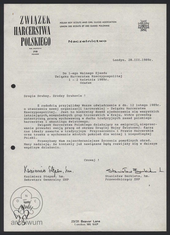 Plik:1989-03-28 Londyn, list naczelnictwa ZHP pgK do uczestnikow I zjazdu ZHR.jpg