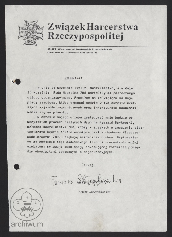 Plik:1991-09-14 Warszawa, ZHR komunikat o urlopie organizacyjnym Tomasza Strzembosza.jpg