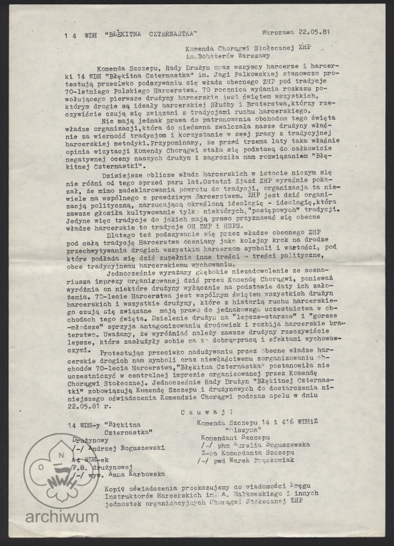 Plik:1981-05-22 Warszawa, List 14 WHD do Komendy Chorągwi ws podszywania się pod tradycję harcerską.jpg