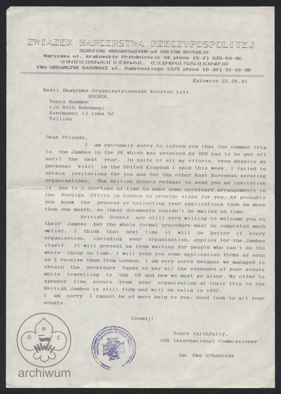 Plik:1991-05-22 Katowice, Pismo wydziału zagranicznego ZHR do skautów w Estonii.jpg