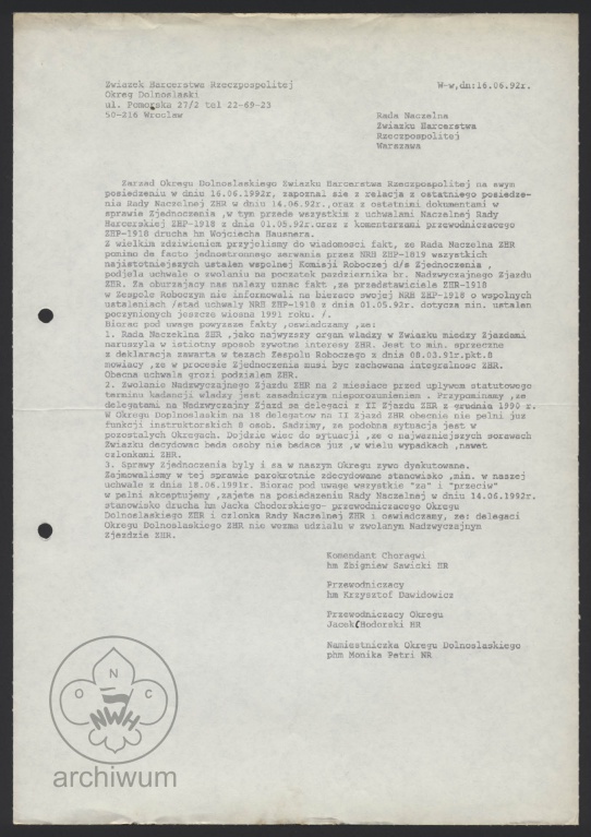 Plik:1992-06-16 Wrocław Stanowisko Zarządu Okręgu Dolnośląskiego ZHR ws zwołania przez RN Nadzwyczajnego Zjazdu ZHR.jpg