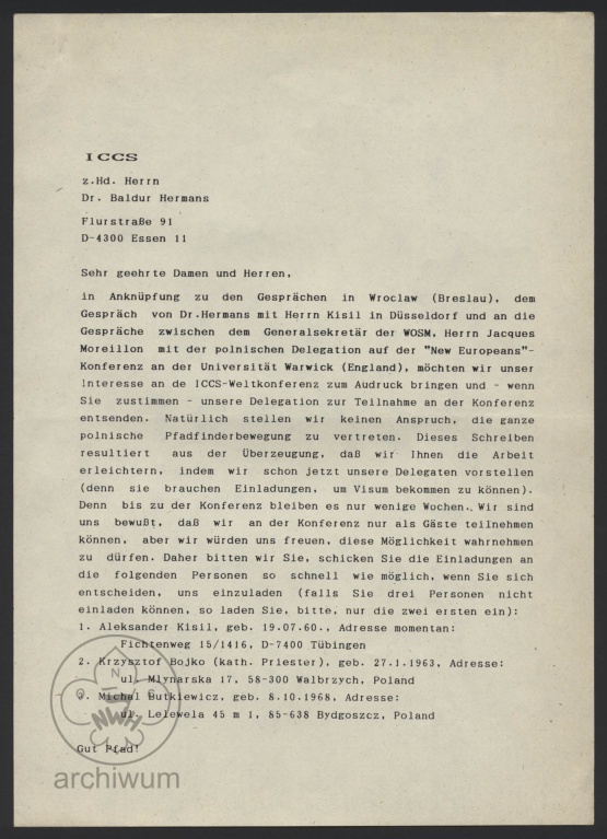 Plik:1990 List do p.Baldura Hermansa przedstawiciela ICCS ws możliwości udziału przedstawicieli harcerstwa polskiego w konferencji skautowej.jpg
