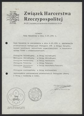 1991-05-04 Warszawa Uchwała RN ZHR przekształcająca Chorągwie w Okręgi ZHR.jpg