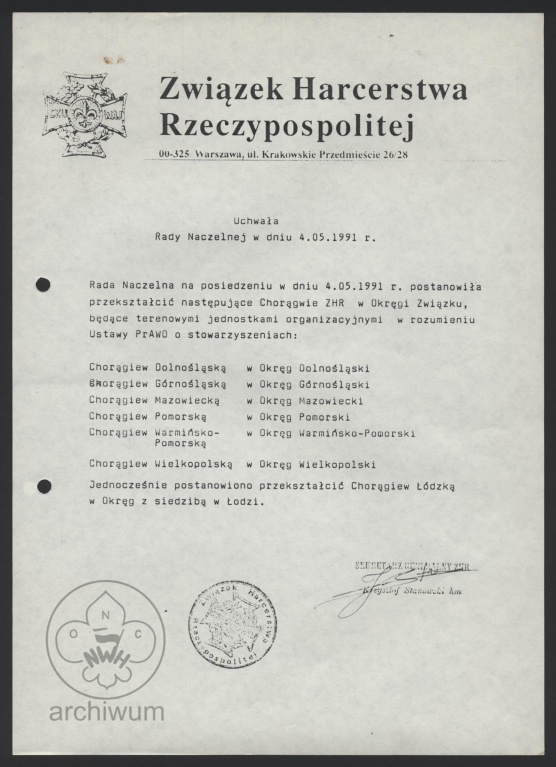 Plik:1991-05-04 Warszawa Uchwała RN ZHR przekształcająca Chorągwie w Okręgi ZHR.jpg