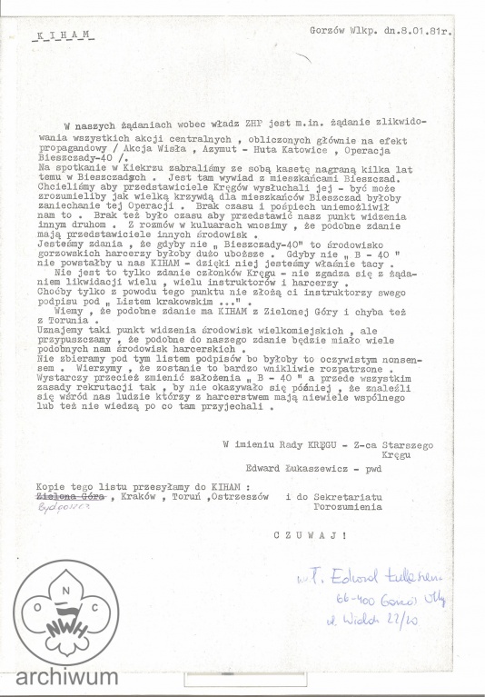 Plik:1981-01-08 Gorzow Wlkp List KIHAM Gorzow Wlkp ws listu krakowskiego i postulatu likwidacji akcji B-40.jpg
