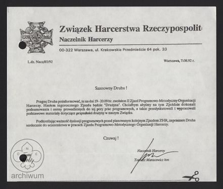 1992-08-07 Informacja o zwołaniu i zaproszenie do udziału w II Zjeździe Programowo-Metodycznym Organizacji Harcerzy ZHR.jpg