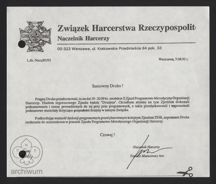 Plik:1992-08-07 Informacja o zwołaniu i zaproszenie do udziału w II Zjeździe Programowo-Metodycznym Organizacji Harcerzy ZHR.jpg