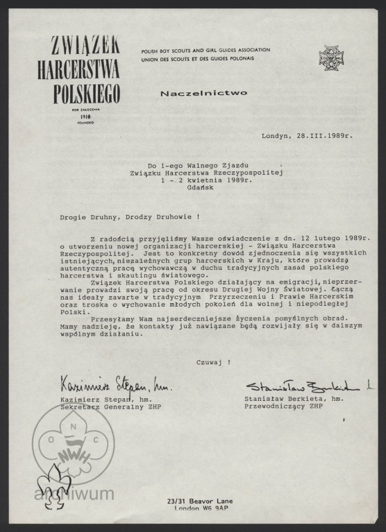 Plik:1989-03-28 list naczelnictwa ZHPpgK do uczestnikow I Zjazdu ZHR.jpg