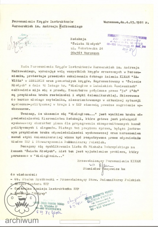 Plik:1981-03-04 Warszawa Pismo do redakcji Swiata Mlodych ws artykulu szkalujacego Zawiszakow z Lublina.jpg