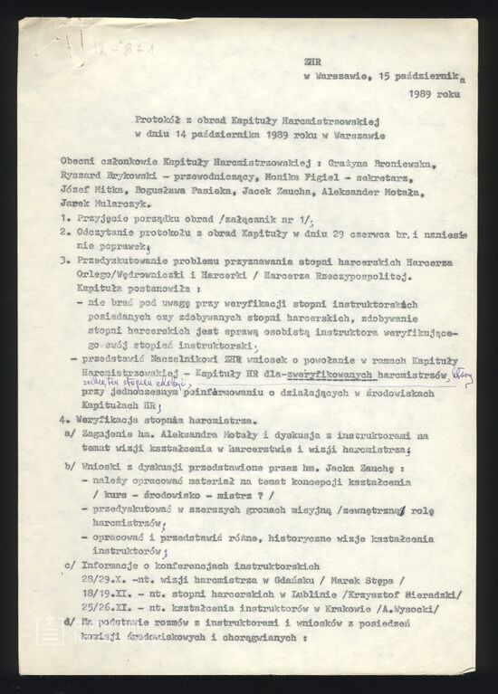 Plik:1989-10-15 W-wa ZHR Kapituła Harcmistrzowska Protokół z obrad 001.jpg