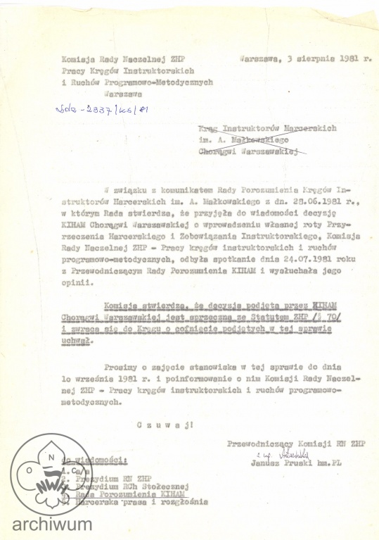 Plik:1981-08-03 Warszawa Pismo komisji RN ZHP o cofniecie uchwaly KIHAM Warszawa ws Roty Przyrzeczenia.jpg