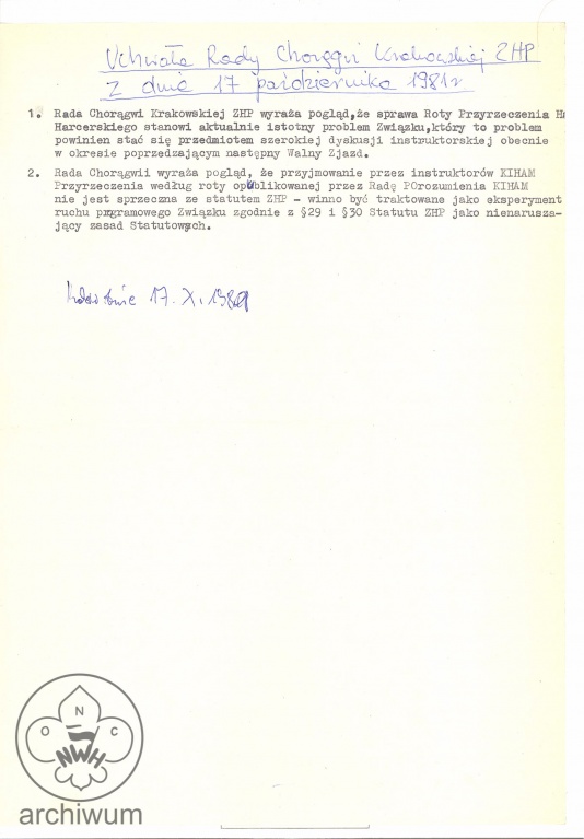 Plik:1981-10-17 Krakow Uchwała Rady Choragwi ws Roty Przyrzeczenia.jpg