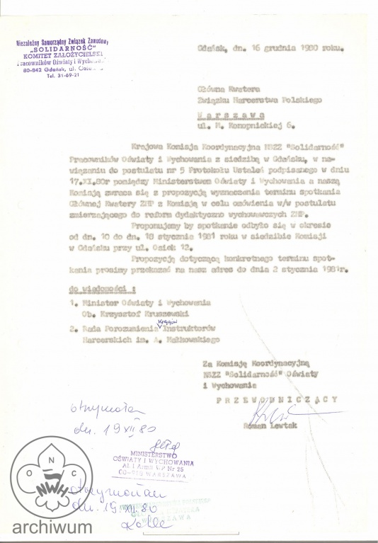 Plik:1980-12-16 Gdansk Pismo KKK POiW NSZZ S do GK ZHP z propozycja rozmow potwierdzenia odbioru.jpg