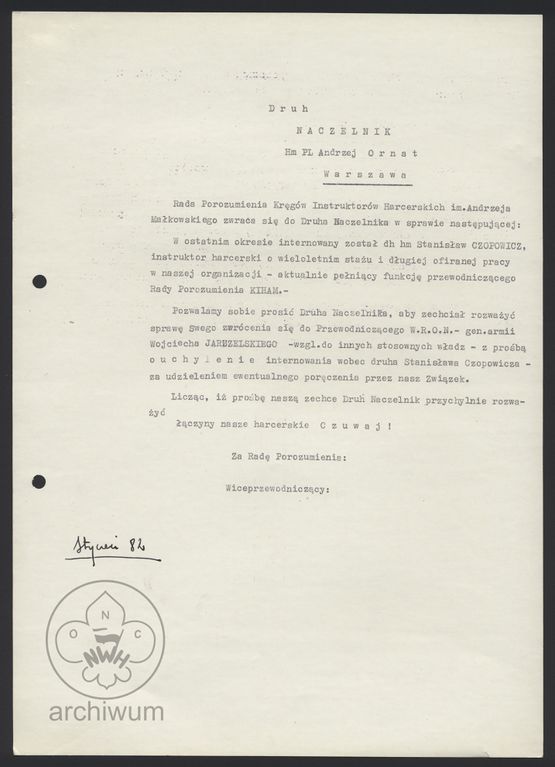 Plik:1982-01 Pismo do Naczelnika ZHP w sprawie interwencji ws internowania Stanisława Czopowicza.jpg