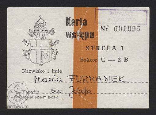 1987-06-10 Tarnów, karta wstepu na spotkanie z papieżem dla Marii Furmanek.jpg