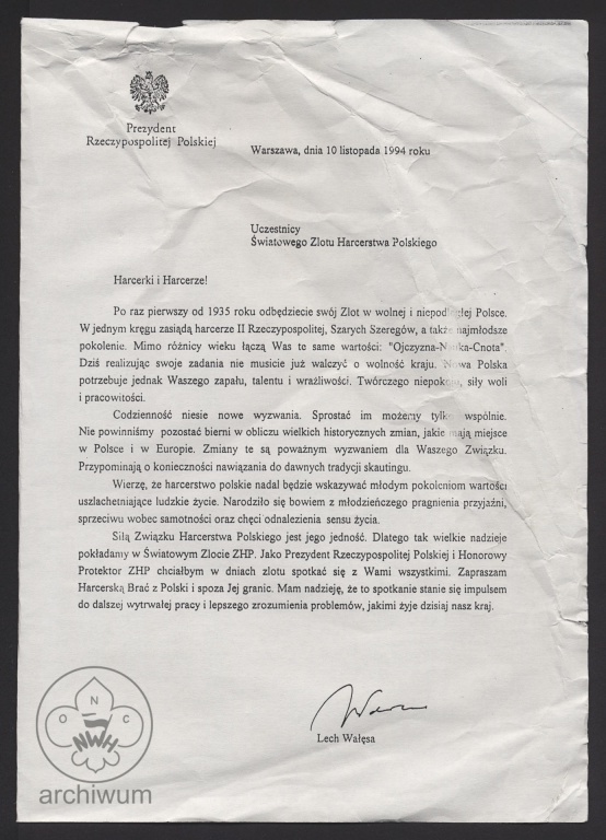 Plik:1994-11-10 Warszawa, List prezydenta Lecha Walesy do uczestników Światowego Zlotu Harcerstwa Polskiego.jpg
