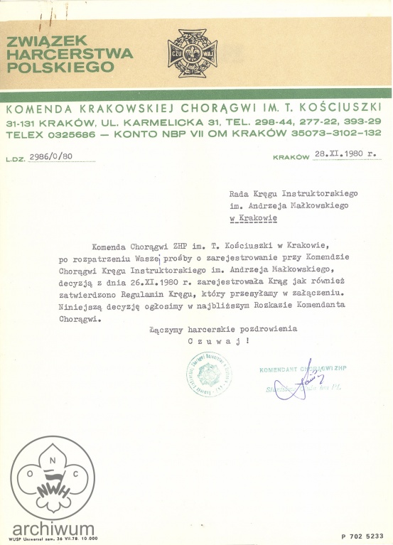 Plik:1980-11-26 Krakow Decyzja o rejestracji KIHAM Chor Krakowskiej i regulamin oryginal.jpg