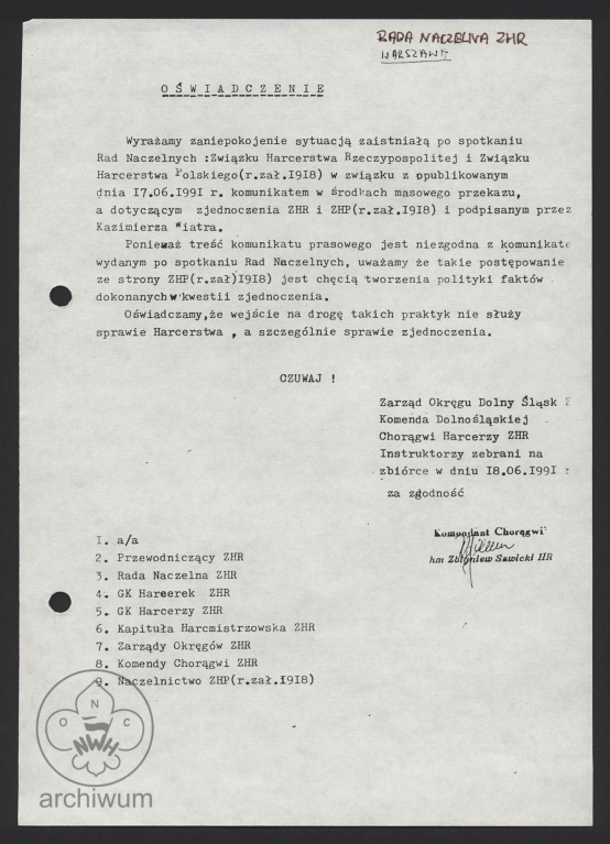Plik:1991-06-18 Stanowisko Zarządu Okręgu Dolnośląskiego ws informacji o zjednoczeniu organizacji harcerskich.jpg