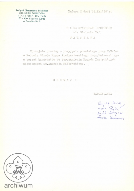 Plik:1981-09-24 Kudowa prosba o przyjecie na kandydata do RP KIHAM.jpg