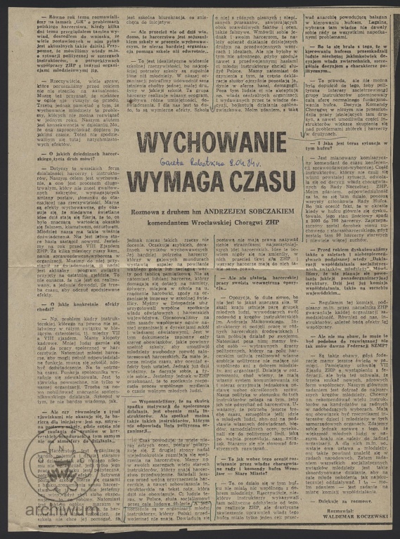 Plik:1984-04-09 Wycinek z pisma Gazeta Robotnicza, rozmowa z komendantem Wrocławskiej Chorągwii ZHP.jpg