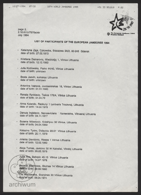Plik:1994-06 Dronten, Holandia, Lista uczestnikow z Litwy na Euro Jamboree.jpg