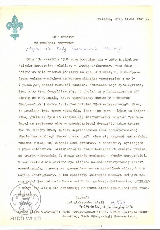 Plik:1981-04-14 Wrocław List A. Kisila do redakcji Motywów ws artykułu w nr 9 i honorarium.jpg
