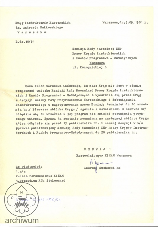 Plik:1981-09-05 Warszawa pismo L10 do komisji RN ZHP o niemoznosci wycofania decyzji ws roty i przyrzeczenia.jpg