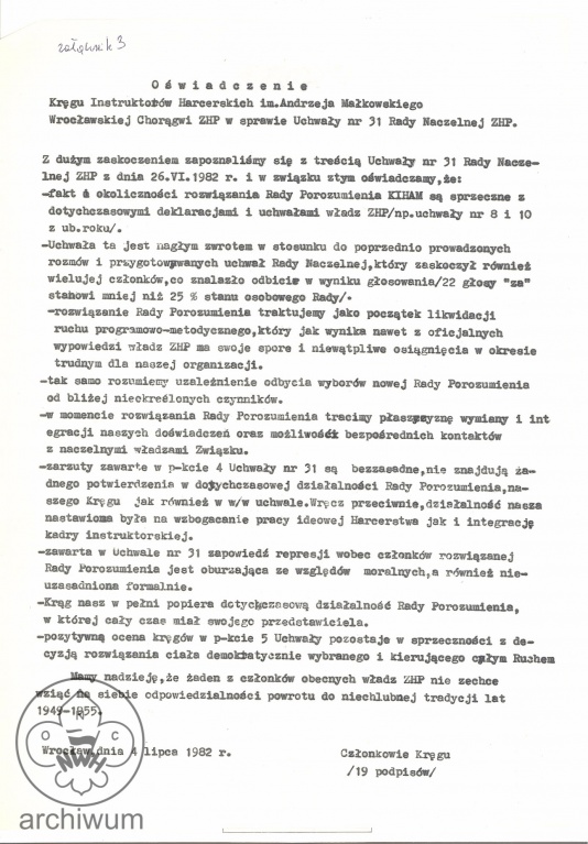 Plik:1982-07-04 Wroclaw Oswiadczenie KIHAM Choragwi Wroclawskiej ws uchwaly RN ZHP nr 31 rozwiazujacej RP KIHAM.jpg