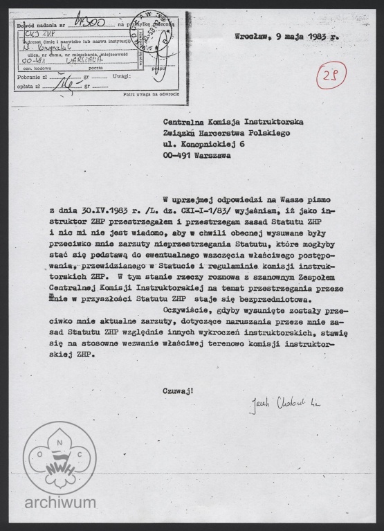 Plik:1983-05-09 Wrocław, List odpowiedź Jacka Chodorskiego do CKI ws rozprawy i zarzutów o nieprzestrzeganie Statutu ZHP.jpg
