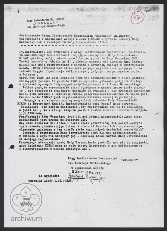 Plik:1982-08-01 Duszniki Zdrój, Oświadczenie KIHAM Duszniki ws uchwały RN ZHP rozwiązującej Radę Porozumienia KIHAM.jpg