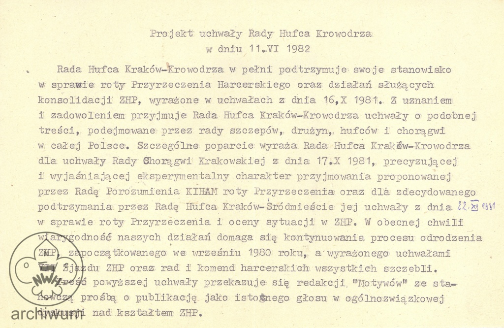 Plik:1982-06-11 Krakow Projekt uchwaly RH Krakow Krowodrza podtrzymujacej stanowisko ws roty Przyrzeczenia Harcerskiego.jpg